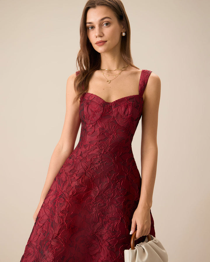 Morgan and Brooke | Jacquard Midi Dress for Women in Red with Sweetheart Neckline