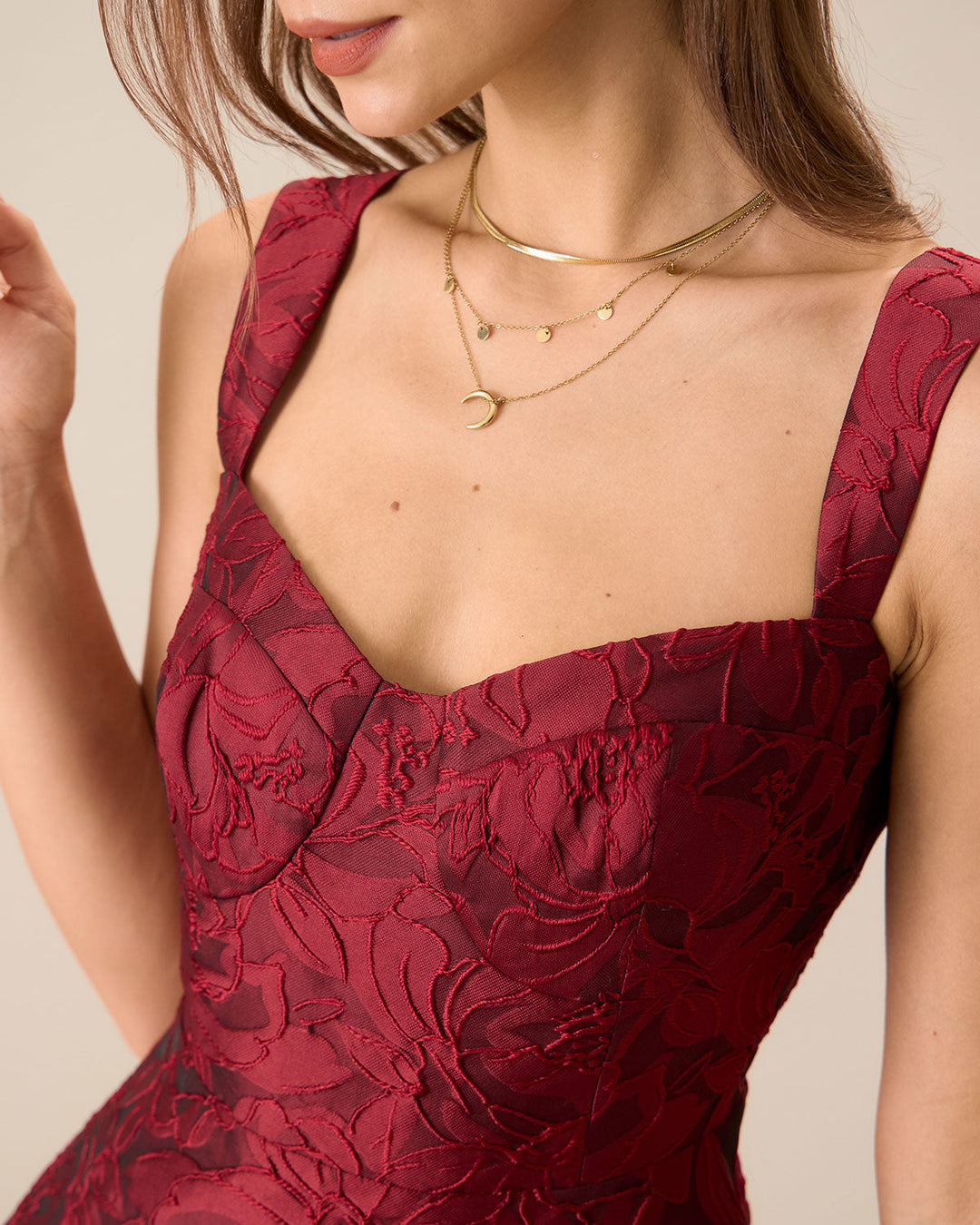 Morgan and Brooke | Jacquard Midi Dress for Women in Red with Sweetheart Neckline
