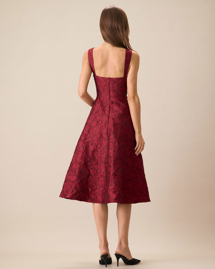 Morgan and Brooke | Jacquard Midi Dress for Women in Red with Sweetheart Neckline