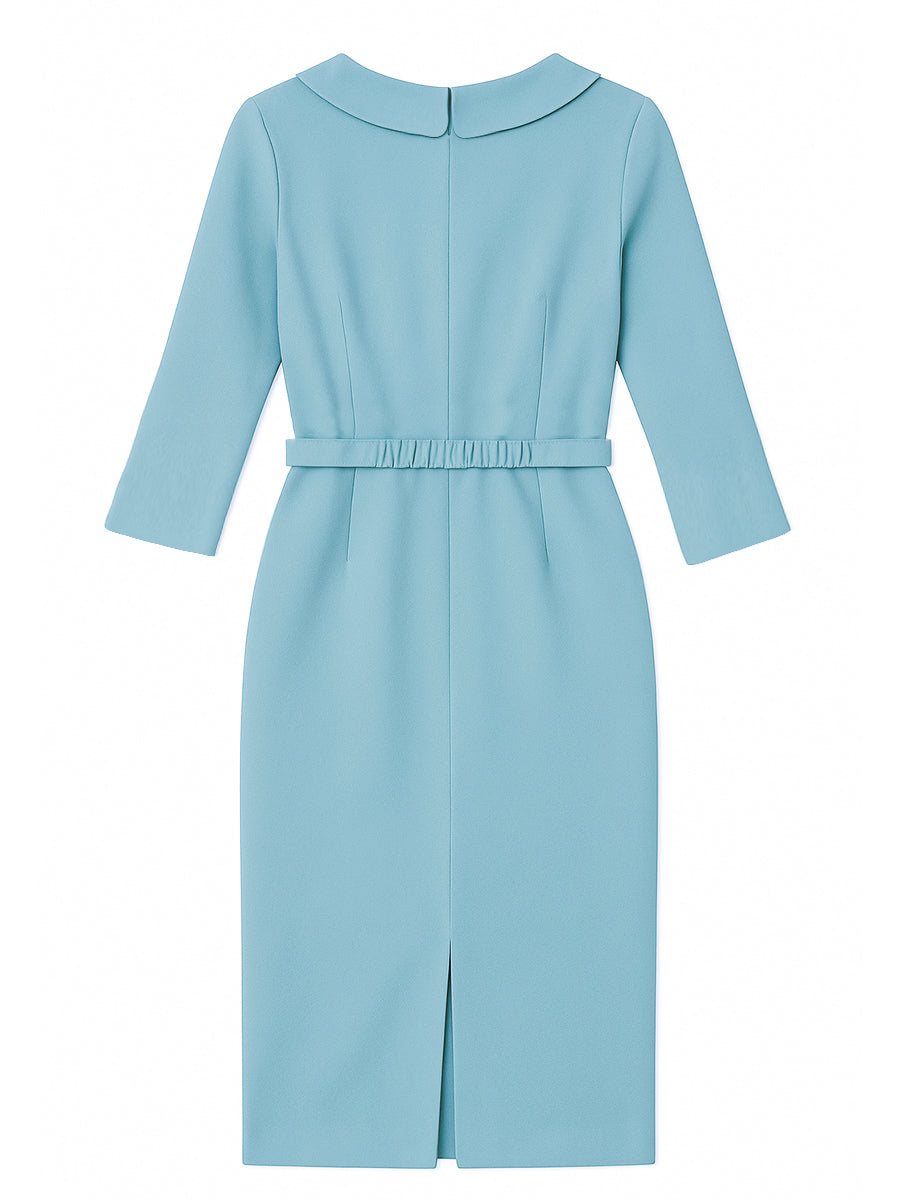 Morgan & Brooke | Powder Blue Draped Collar Pencil Midi Crepe Dress