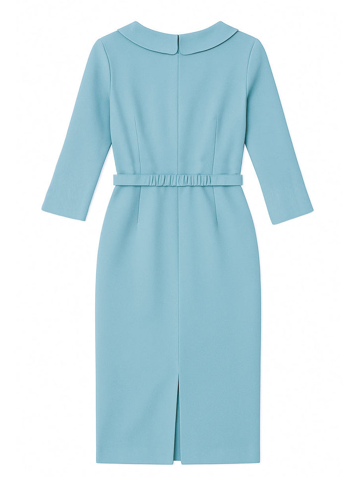 Morgan & Brooke | Powder Blue Draped Collar Pencil Midi Crepe Dress
