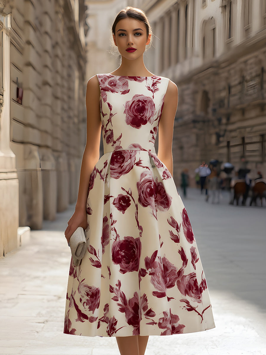 Morgan & Brooke | Floral Sleeveless A-Line Cotton-Blend Midi Dress