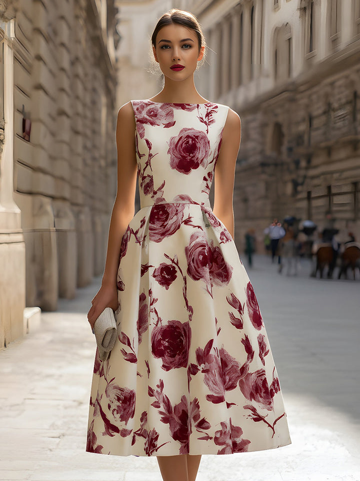Morgan & Brooke | Floral Sleeveless A-Line Cotton-Blend Midi Dress