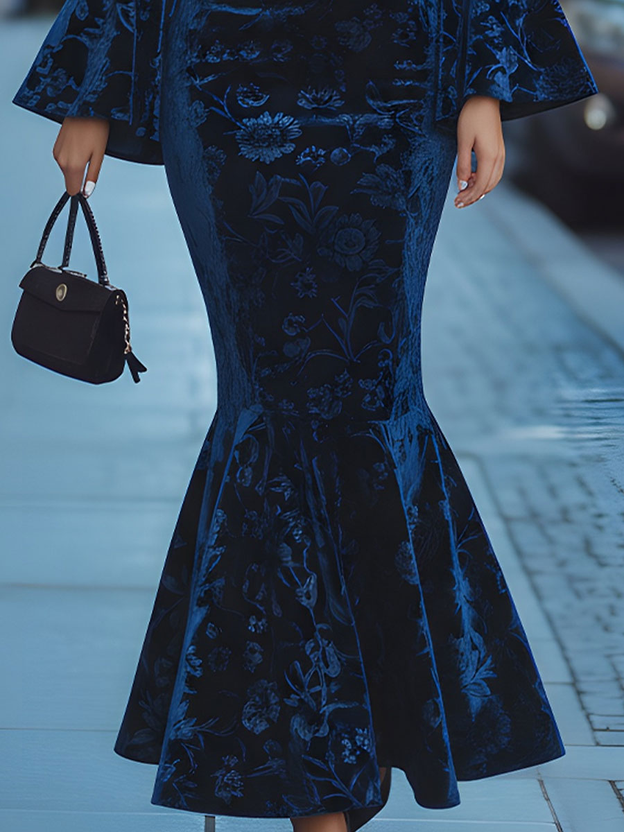 Morgan & Brooke | Royal Blue Floral Mermaid Velvet Maxi Dress