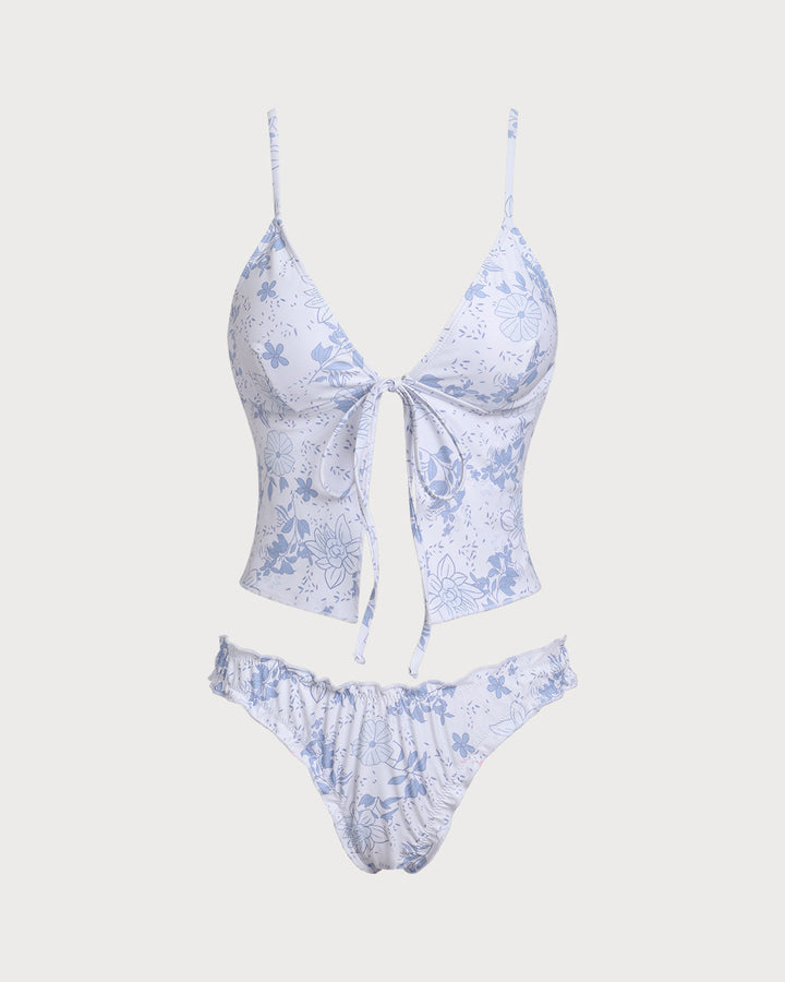 Morgan and Brooke | Floral Tie Front Tankini Set for Women in Blue