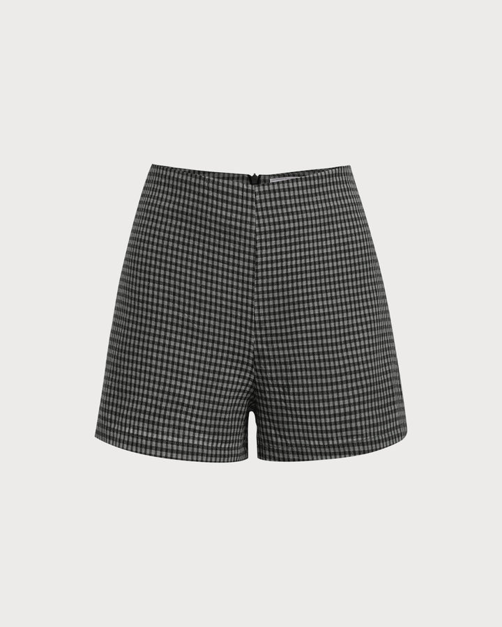 Morgan and Brooke | High Waisted Plaid Shorts for Women in Grey