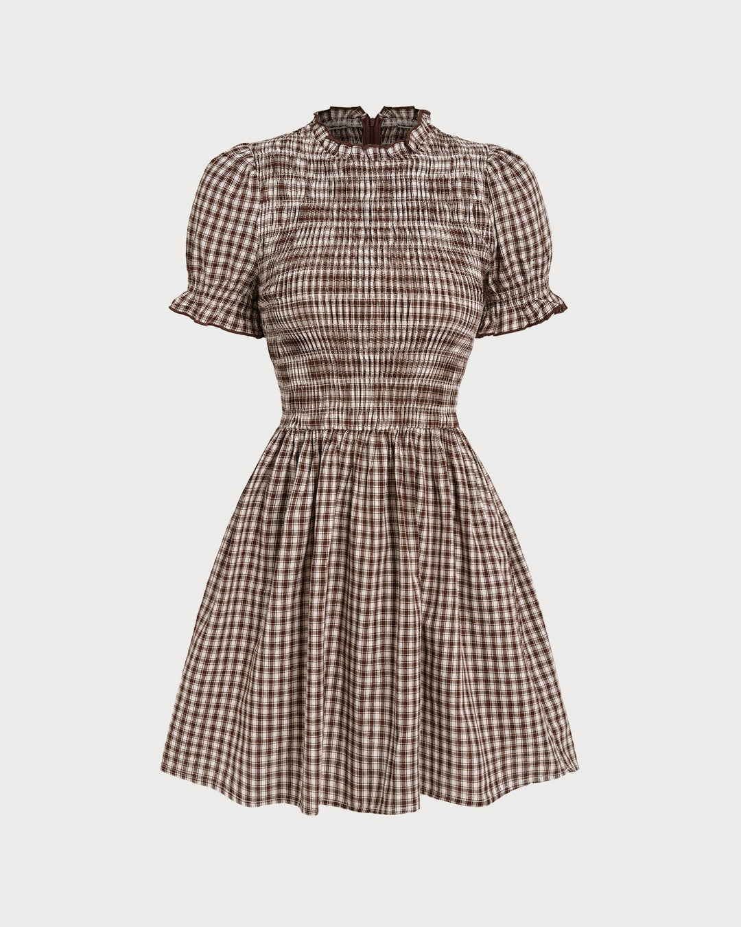 Morgan and Brooke | Gingham Puffed Sleeve Mini Dress for Women in Coffee