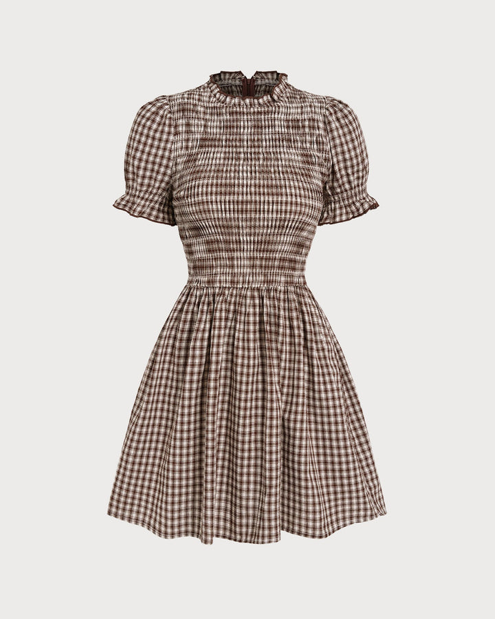 Morgan and Brooke | Gingham Puffed Sleeve Mini Dress for Women in Coffee
