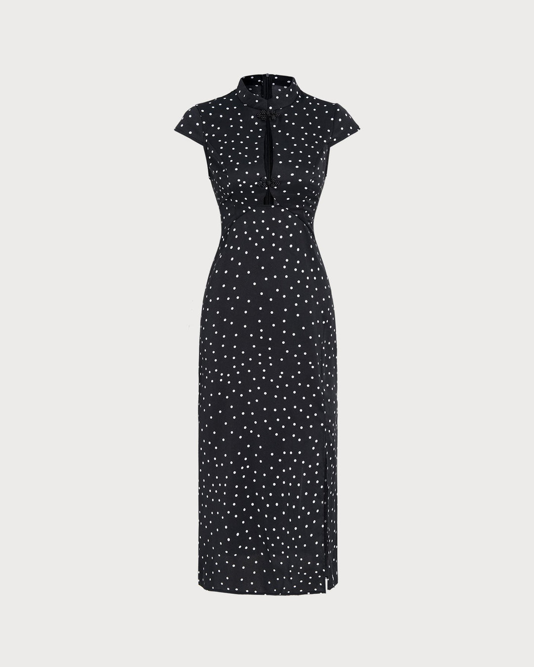 Morgan and Brooke | Black Polka Dot Midi Dress with Mandarin Collar