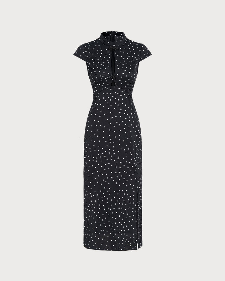 Morgan and Brooke | Black Polka Dot Midi Dress with Mandarin Collar