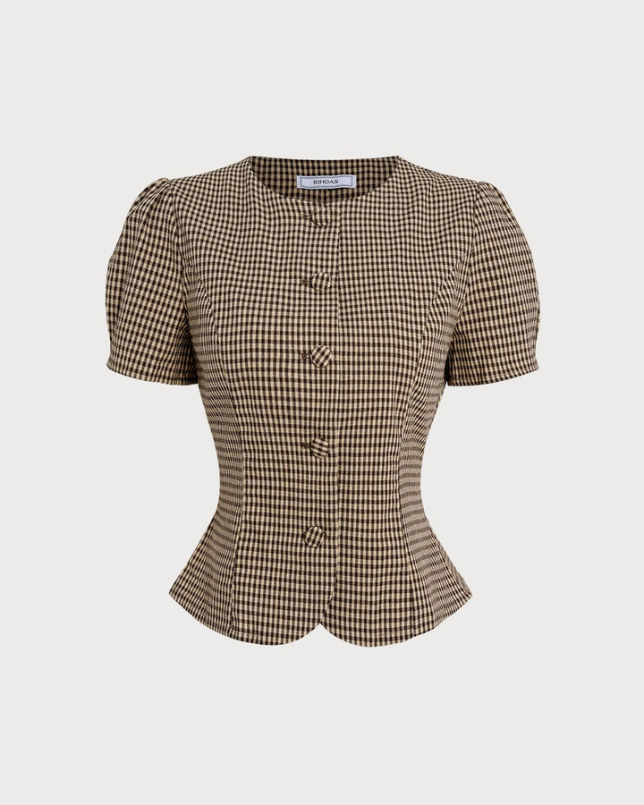Morgan and Brooke | Brown Plaid Puffed Sleeve Blouse