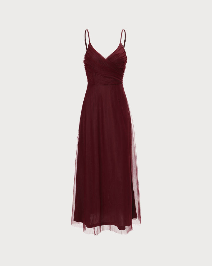 Morgan and Brooke | Wine Red V Neck Mesh Wrap Maxi Dress