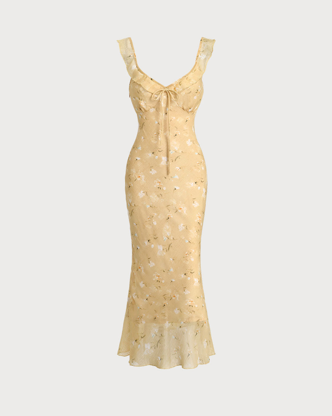 Morgan and Brooke | Floral Ruched Ruffle Midi Dress for Women in Yellow
