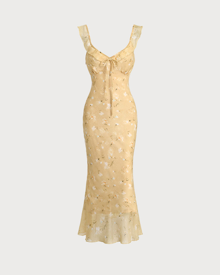Morgan and Brooke | Floral Ruched Ruffle Midi Dress in Yellow