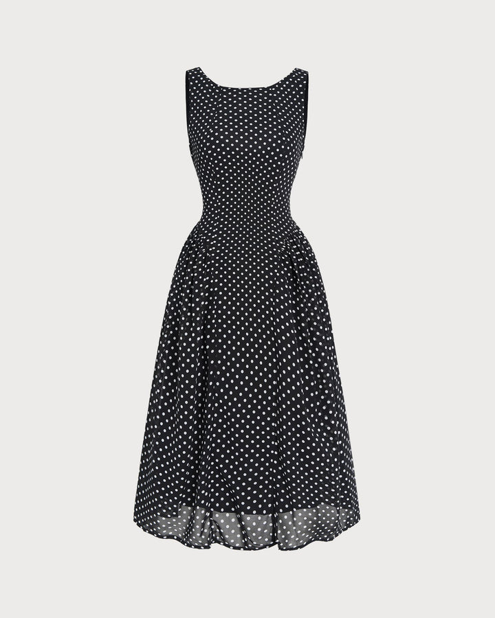 Morgan and Brooke | Chiffon Midi Dress for Women in Black Polka Dot