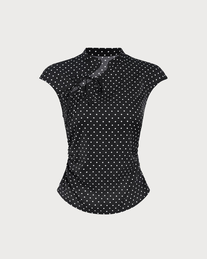 Morgan and Brooke | Black Polka Dot Mandarin Collar Top