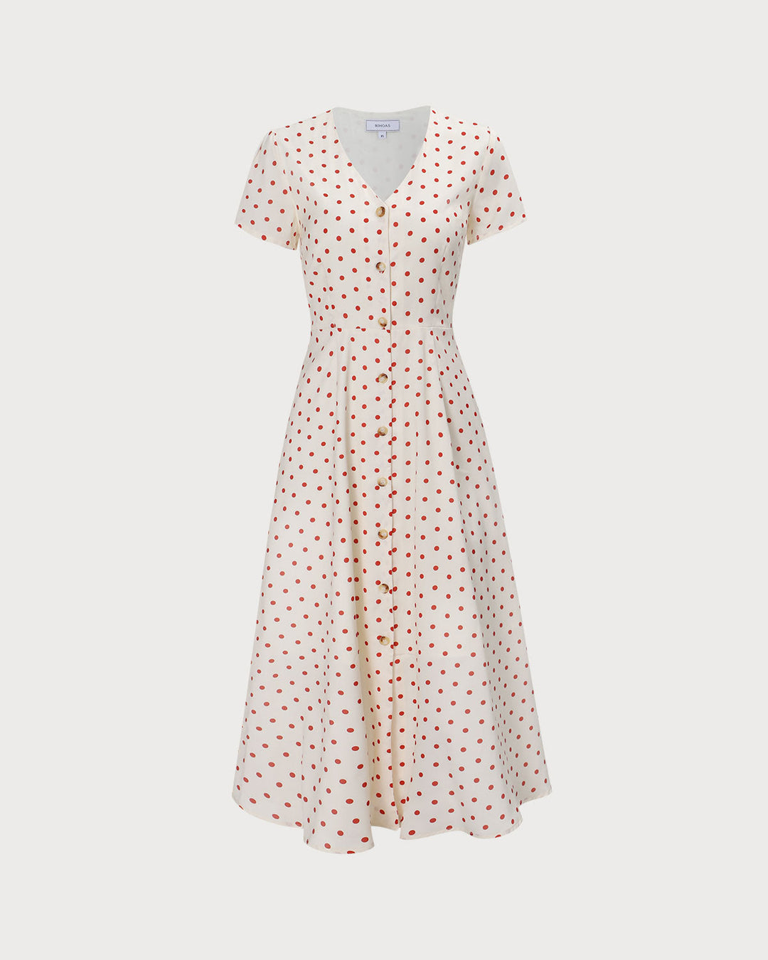Morgan and Brooke | Beige V Neck Polka Dot Midi Dress