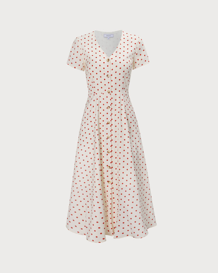 Morgan and Brooke | Beige V Neck Polka Dot Midi Dress