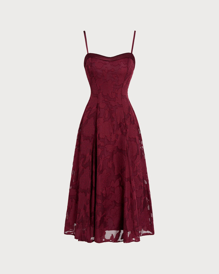 Morgan and Brooke | Wine Red Jacquard Slip Midi Dress