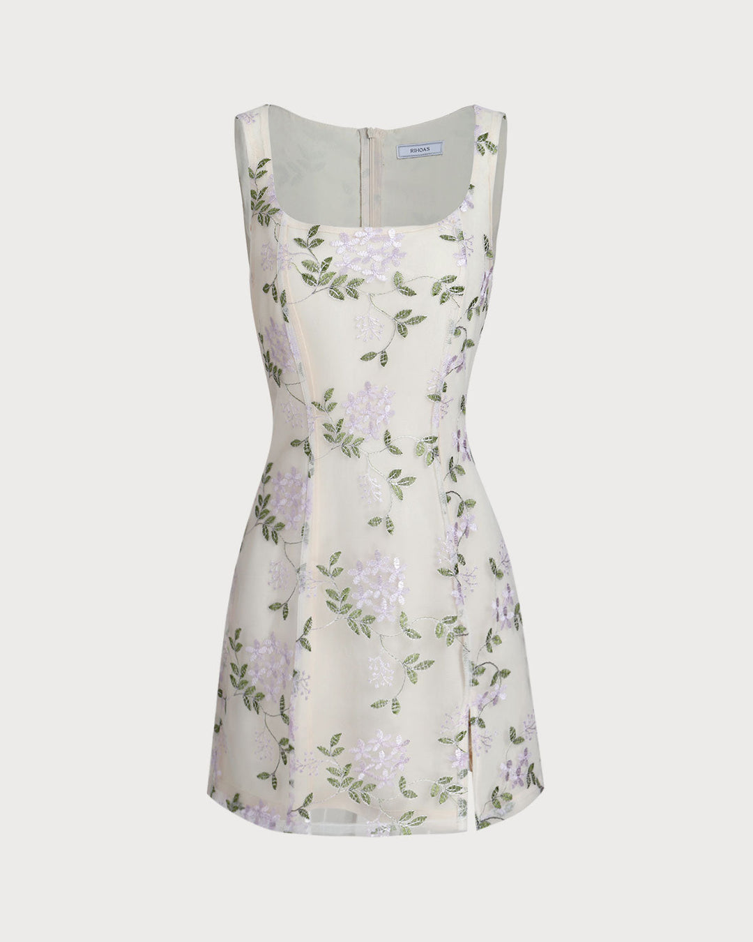 Morgan and Brooke | Beige Square Neck Embroidered Slip Mini Dress