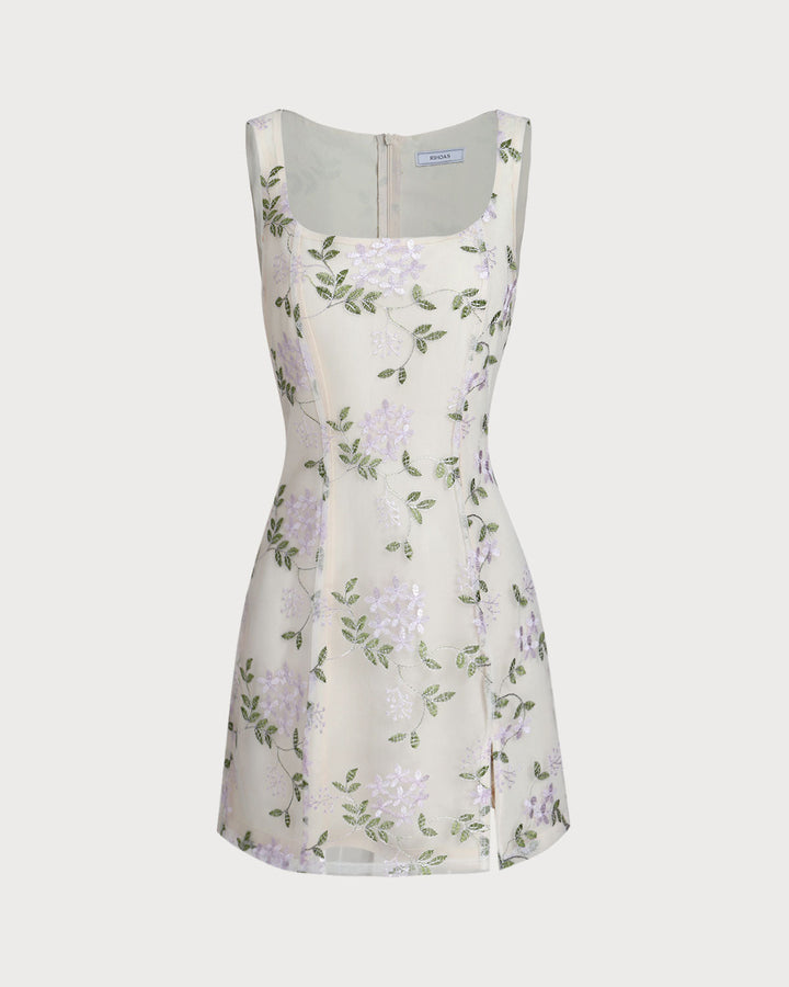 Morgan and Brooke | Beige Square Neck Embroidered Slip Mini Dress