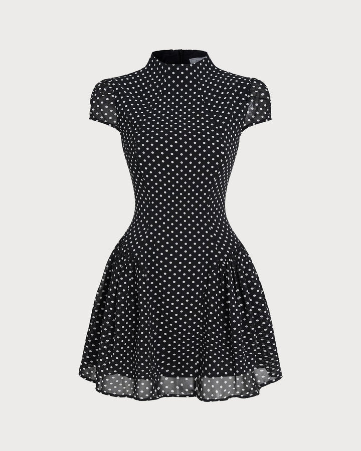 Morgan and Brooke | Chiffon Mini Dress for Women in Black with Polka Dots