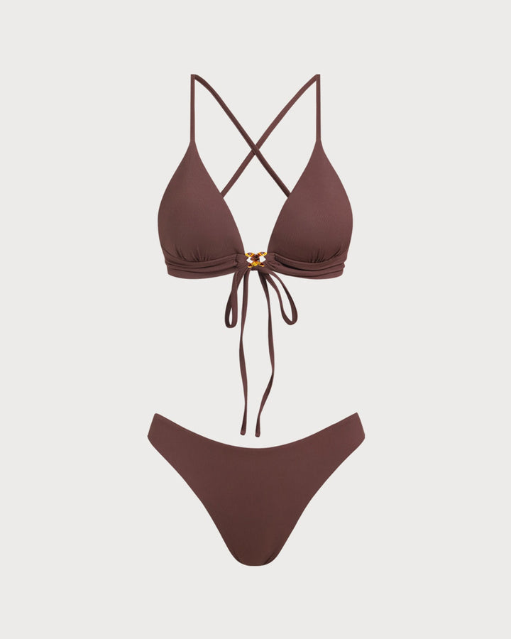 Morgan and Brooke | Ribbed Knot Bikini Set for Women in Brown