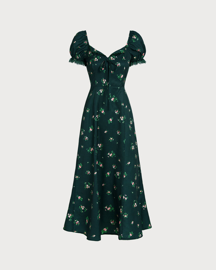 Morgan and Brooke | Floral Midi Dress for Women in Green with Puffed Sleeves