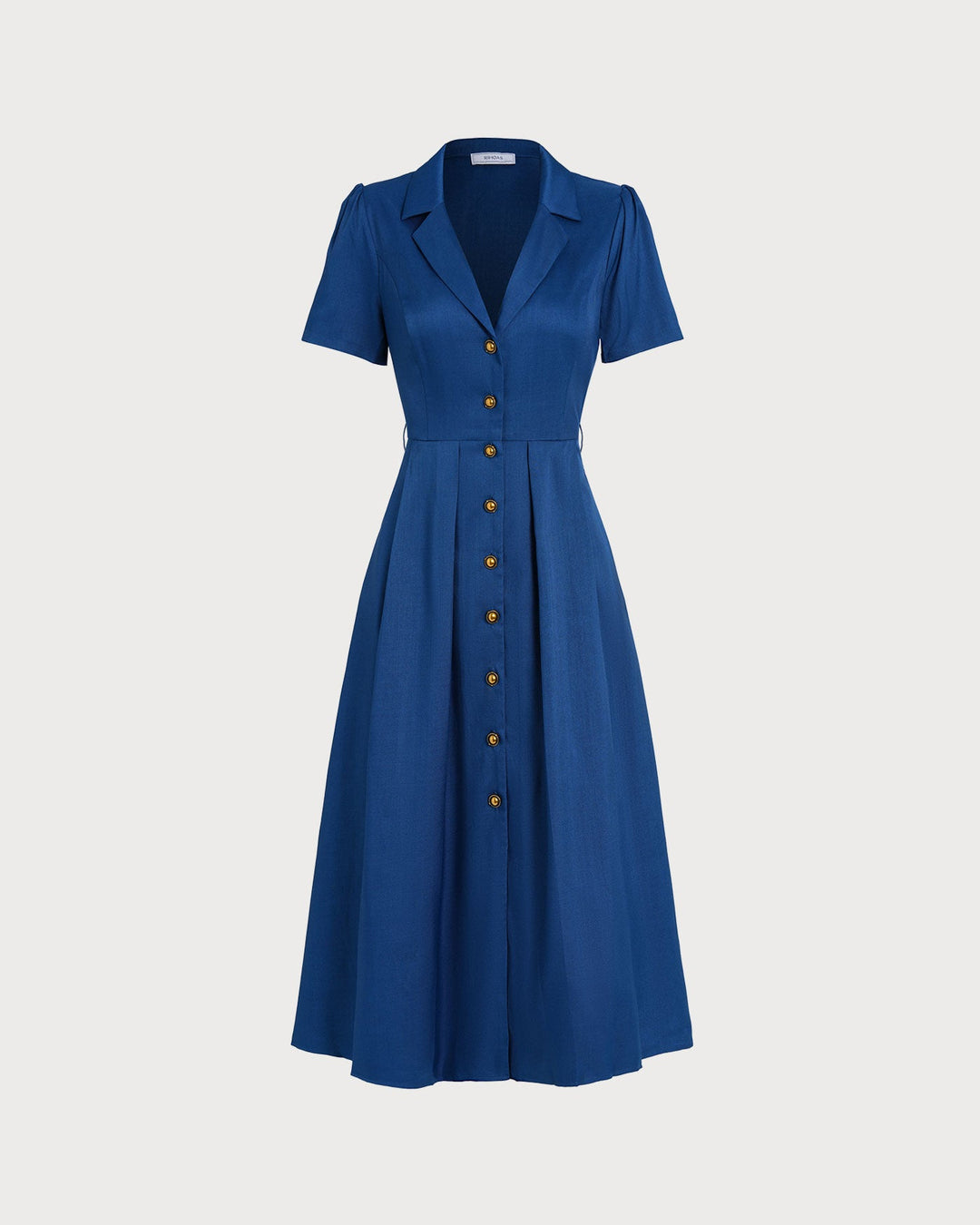 Morgan and Brooke | V Neck Pleated Button Midi Dress, Blue