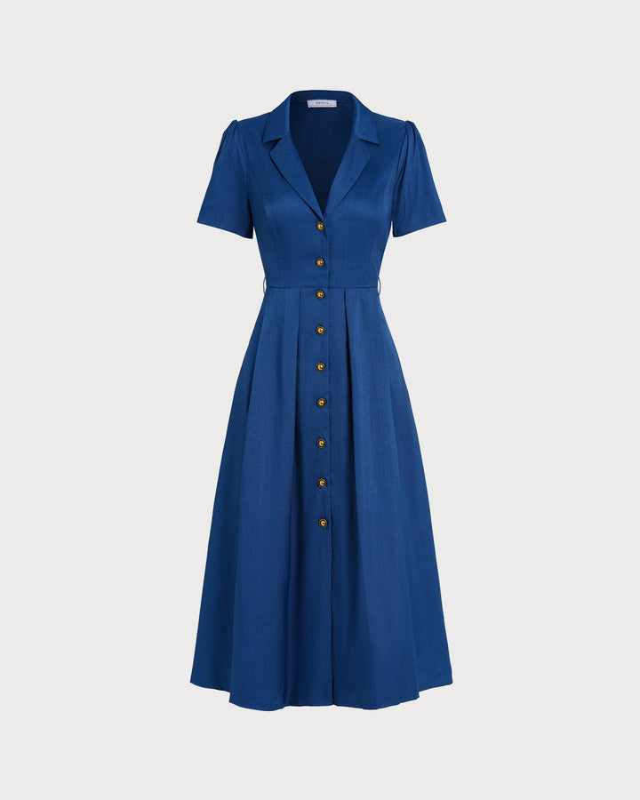 Morgan and Brooke | V Neck Pleated Button Midi Dress, Blue