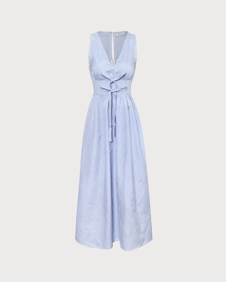 Morgan and Brooke | Blue V Neck Shirred Striped Maxi Dress
