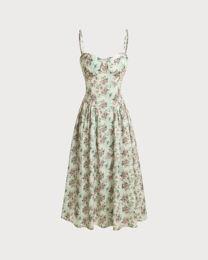 Morgan and Brooke | Green Floral Sweetheart Neck Pleated Midi Dress