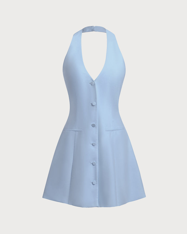Morgan and Brooke | Halter Mini Dress in Blue with Button Pocket