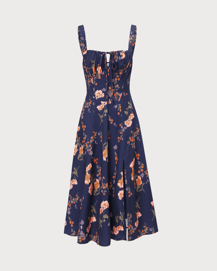 Morgan and Brooke | Navy Lace Up Floral Ruched Midi Dress