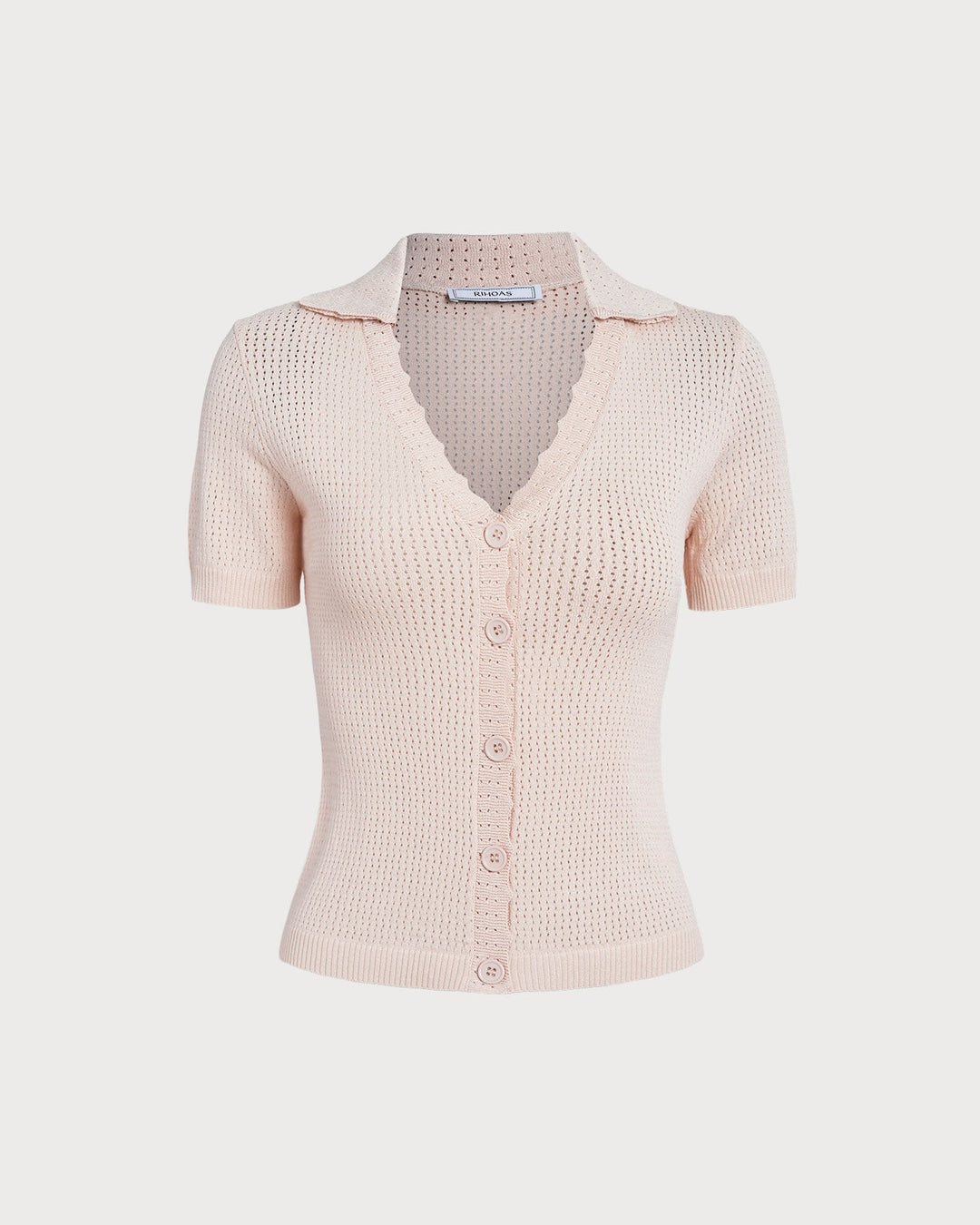 Morgan and Brooke | V Neck Button Pointelle Knit Tee for Women in Nude
