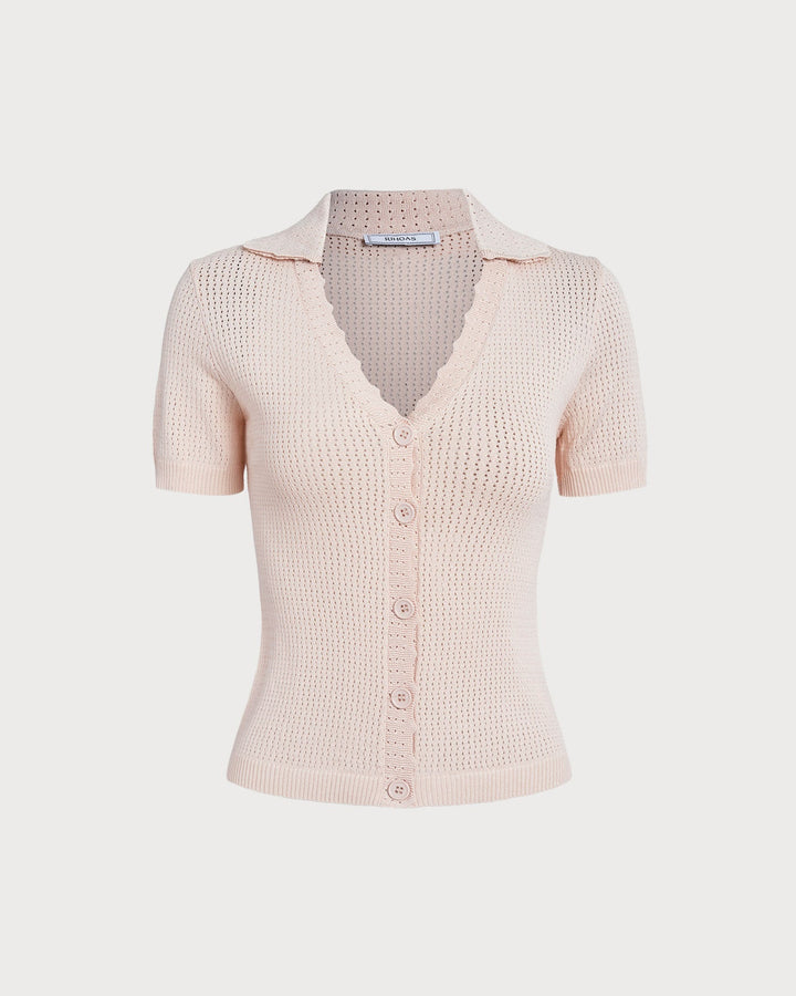Morgan and Brooke | V Neck Button Pointelle Knit Tee for Women in Nude