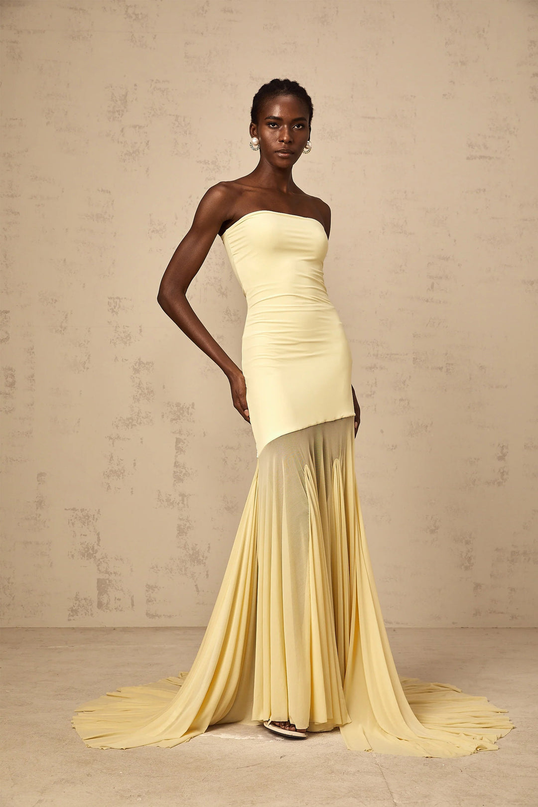 Morgan & Brooke | Yellow Off-Shoulder Sheer Tulle Maxi Dress