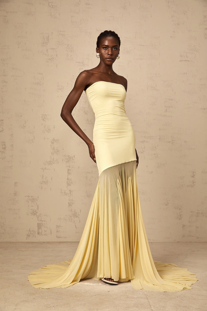 Morgan & Brooke | Yellow Off-Shoulder Sheer Tulle Maxi Dress
