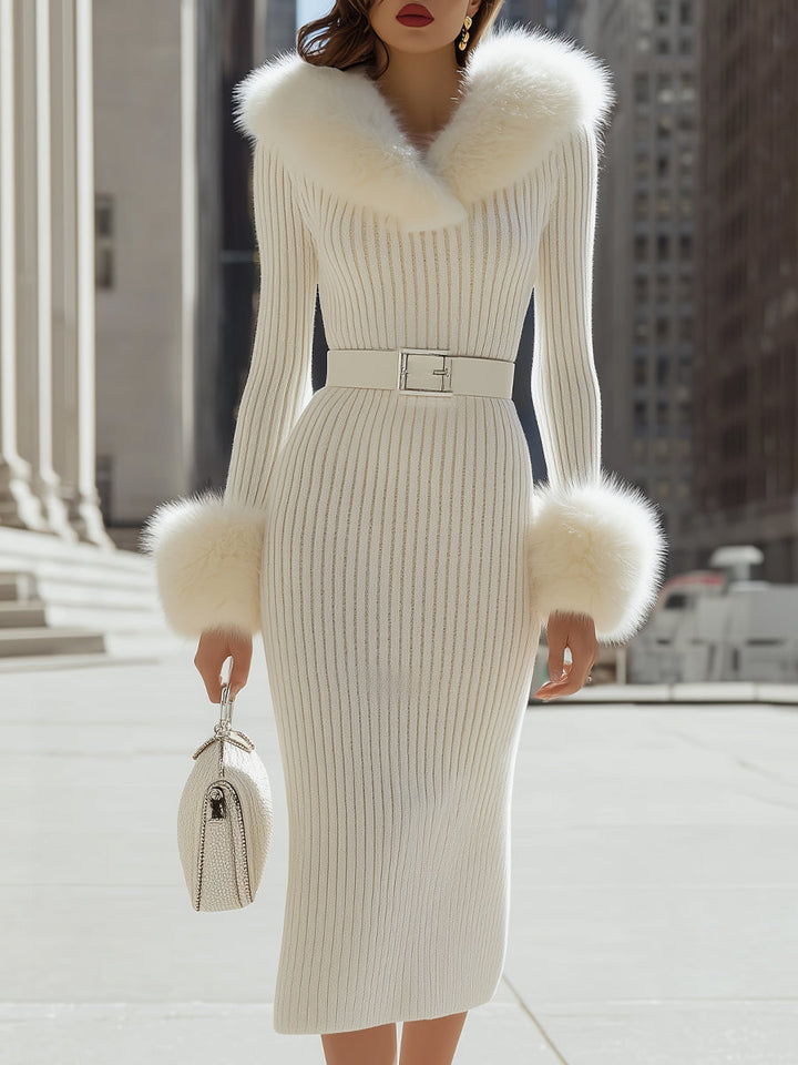 Morgan & Brooke | White Faux-Fur Trim Midi Ribbed Knit Dress