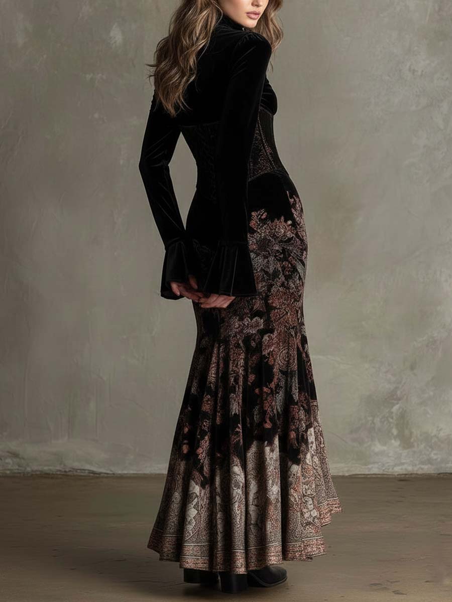 Morgan & Brooke | Baroque Floral Corset-Waist Velvet Maxi Dress
