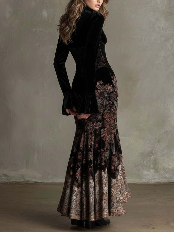 Morgan & Brooke | Baroque Floral Corset-Waist Velvet Maxi Dress