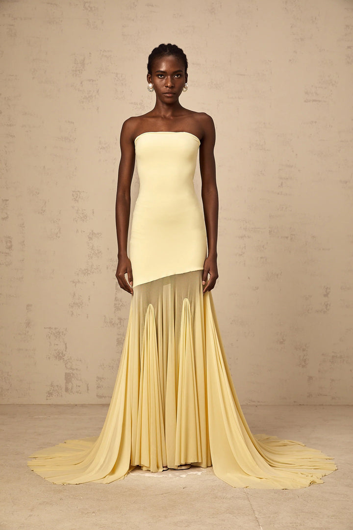 Morgan & Brooke | Yellow Off-Shoulder Sheer Tulle Maxi Dress
