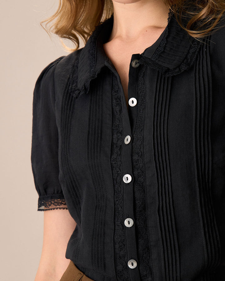 Morgan and Brooke | Lace Trim Cotton Blouse for Women in Black