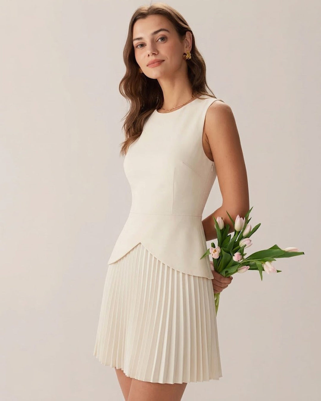 Morgan and Brooke | Round Neck Skater Mini Dress for Women in Apricot