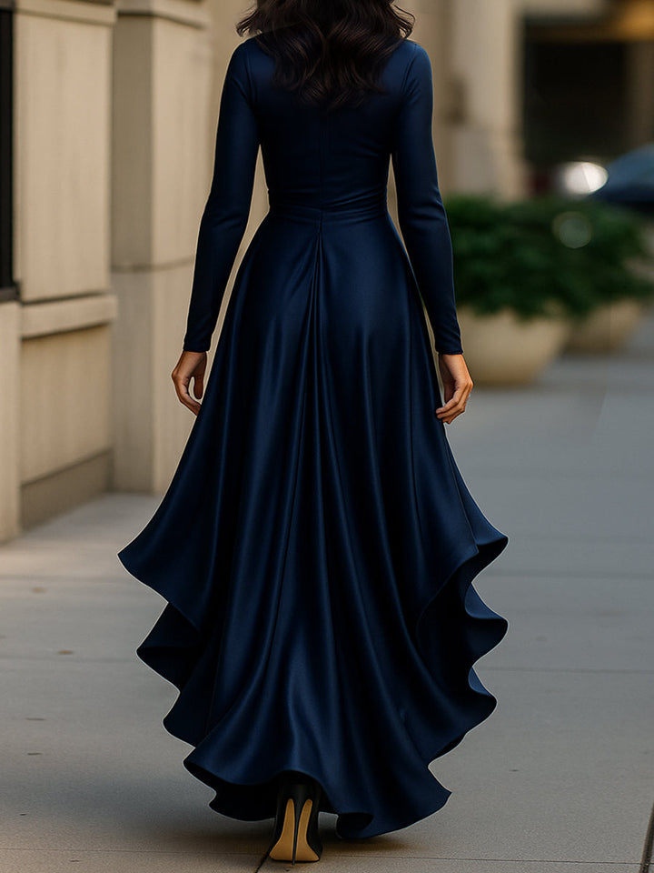 Morgan & Brooke | Midnight Blue Draped Ruffle-Trim Satin Maxi Dress