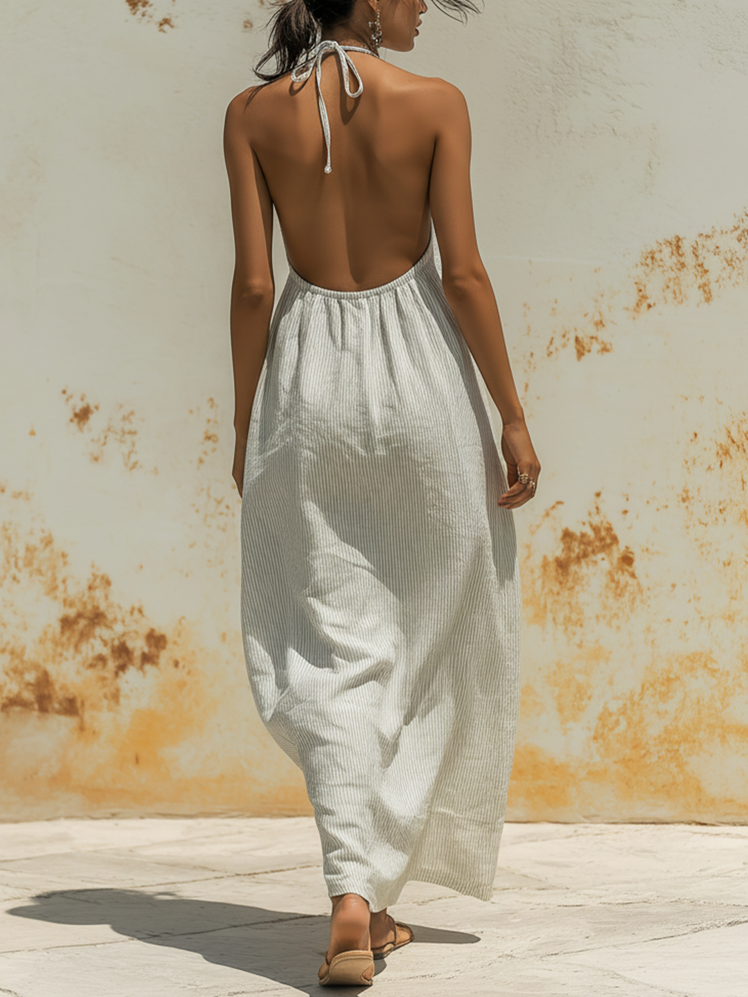 Morgan & Brooke | Navy-White Striped Halter Neck Linen Maxi Dress