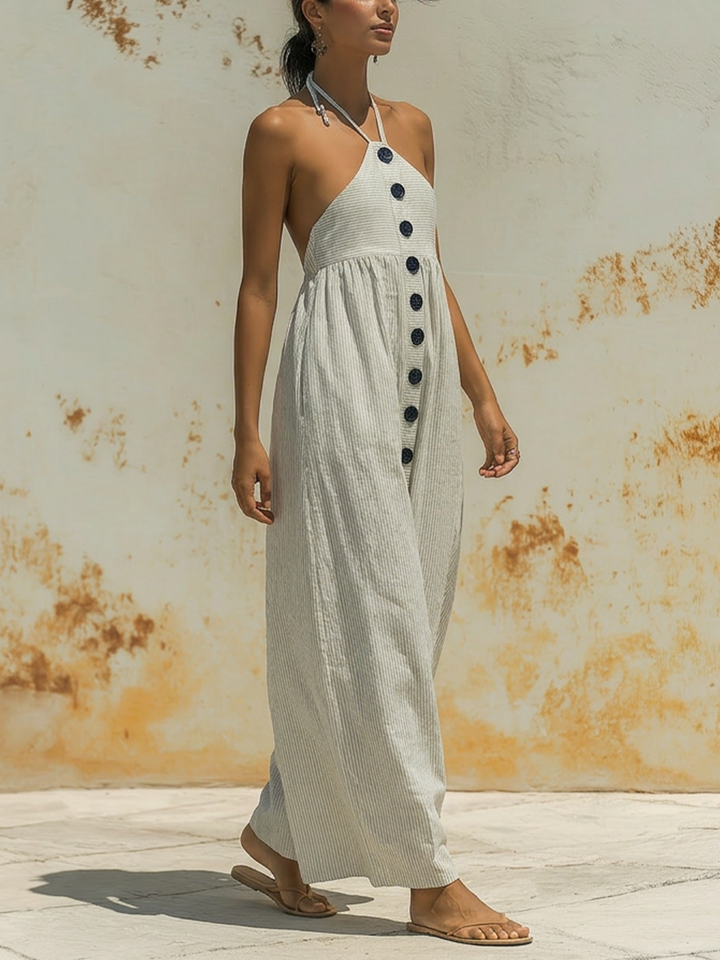 Morgan & Brooke | Navy-White Striped Halter Neck Linen Maxi Dress