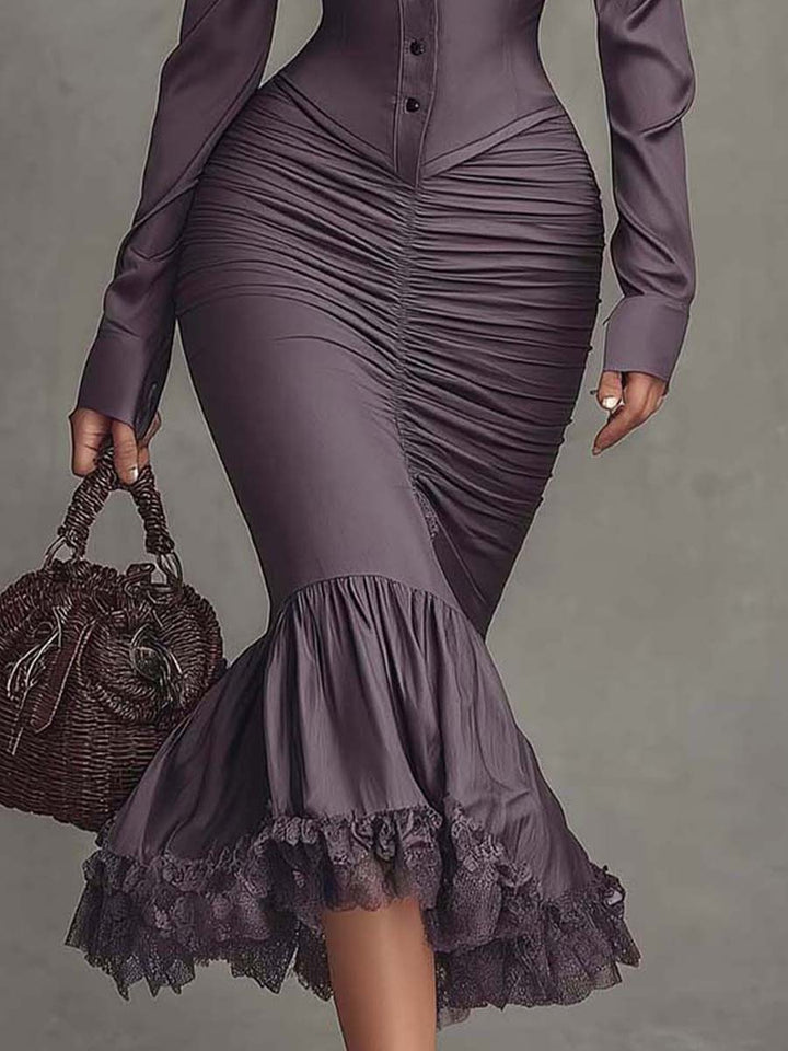 Morgan & Brooke | Dusty Mauve Lace Ruched Evening Dress