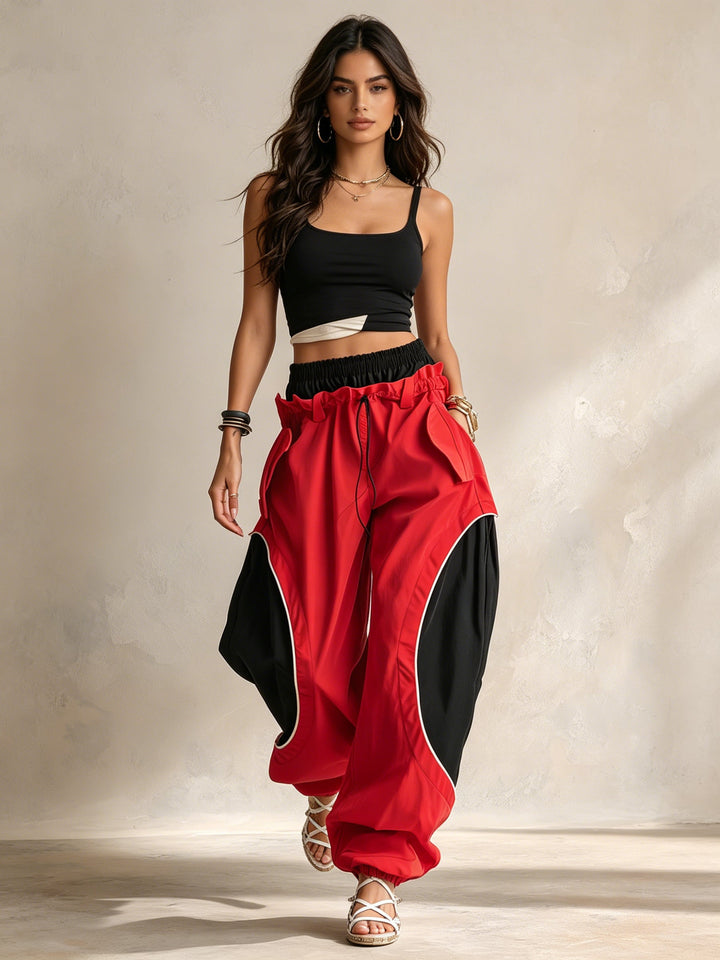 Morgan & Brooke | Red & Black Dual-Waistband Baggy Cargo Pants
