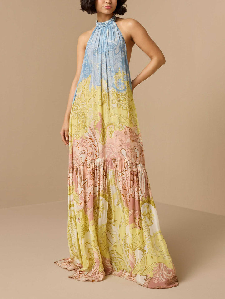 Morgan & Brooke | Elegant Print Braided Halter Dress